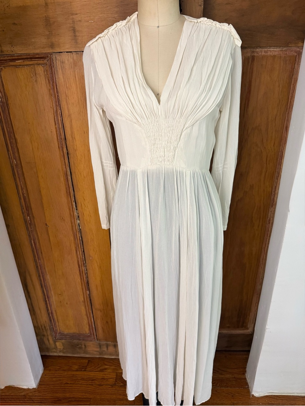 Vintage Ivory Gauze Empire Waist Dress Romantic Smocked Deep V Dress